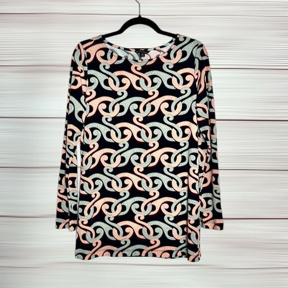 Brooks Brothers Stretch Tunic Top Blouse Abstract Print Black Peach Gray M - Picture 2 of 10